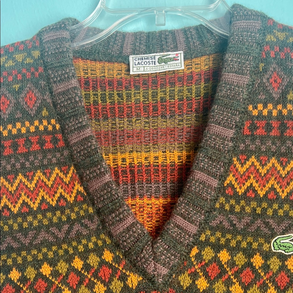 Lacoste Men's V-Neck Sweater Vest - Brown and Orange Pattern - Picture 3 of 7